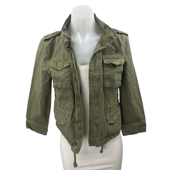 Zara Women's Army Green Zip Up Long Sleeve Cropped Bomber Cargo Jacket Size S - Picture 1 of 3